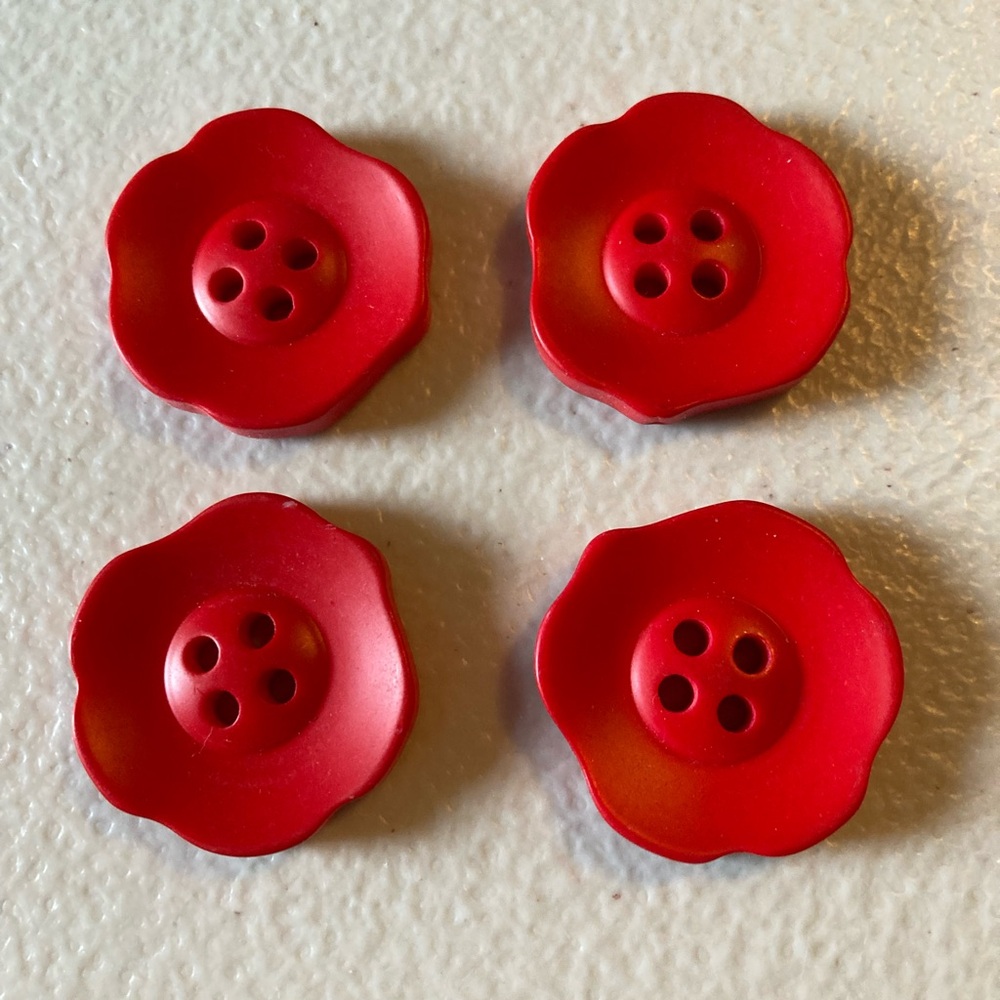 Lot 4 Large Red Plastic Buttons Flower Shaped for Sewing Crafts 4 Hole Design